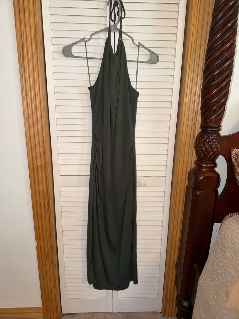 Blue Rain Scruched Sides Olive Green Halter Maxi Dress
